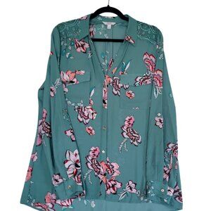 Teal Floral Button-Up Blouse Lace Yoke Long Sleeve Women’s Top CANDIES Brand L
